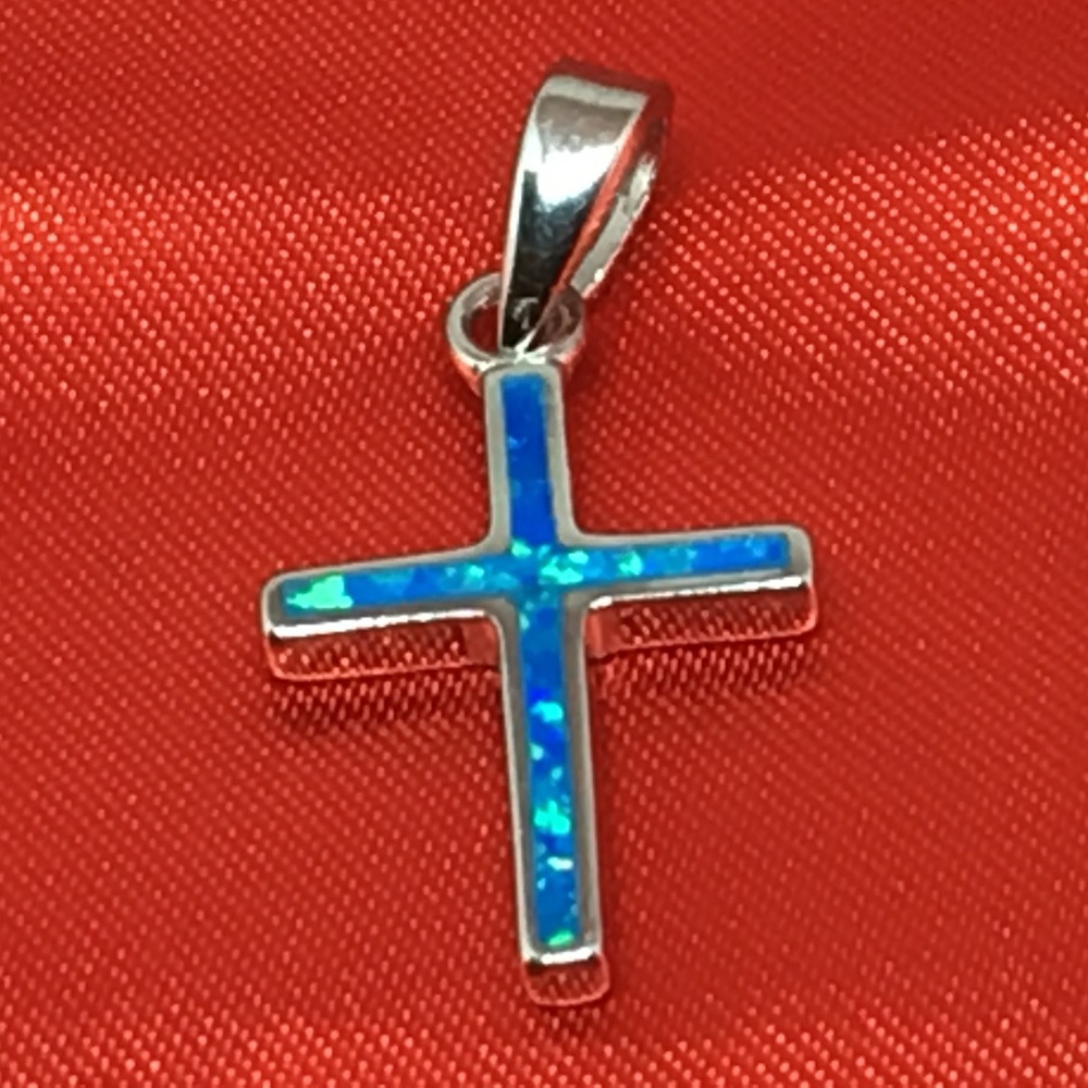 NEW 925 Sterling Silver Cross with Blue Lab Opal